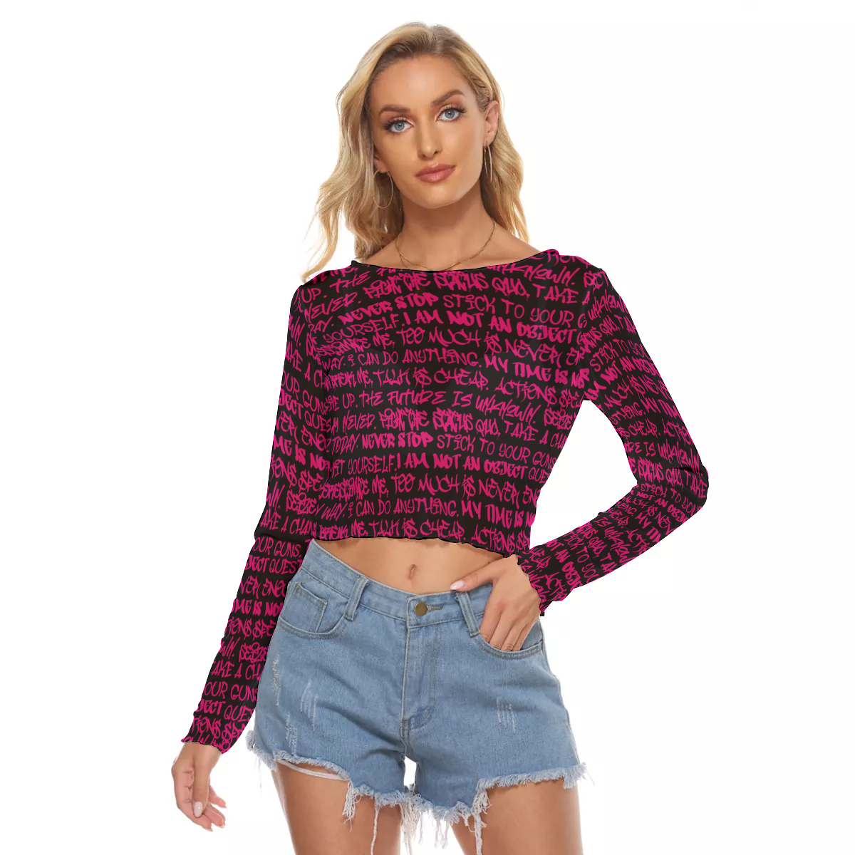 Graffiti Mesh Long Sleeve Crop Top, Black & Pink - Punk Majesty Streetwear