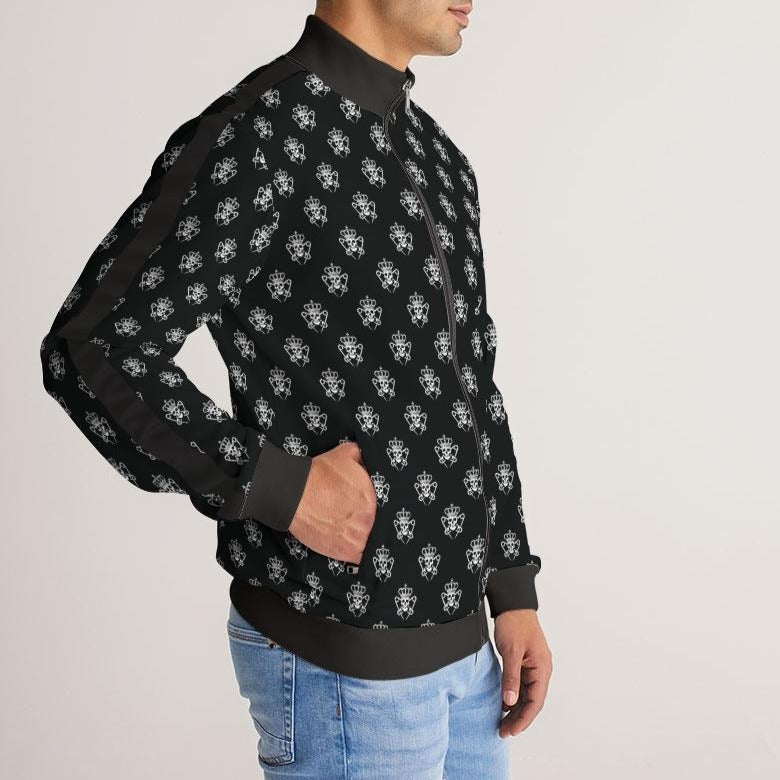 Black Mens Track Jacket with Logo Pattern, Skulls