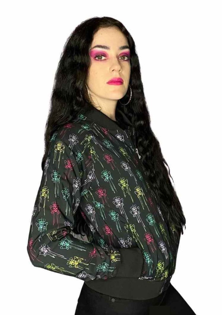 Women's Bomber Jacket, Black and Color Logo Drip