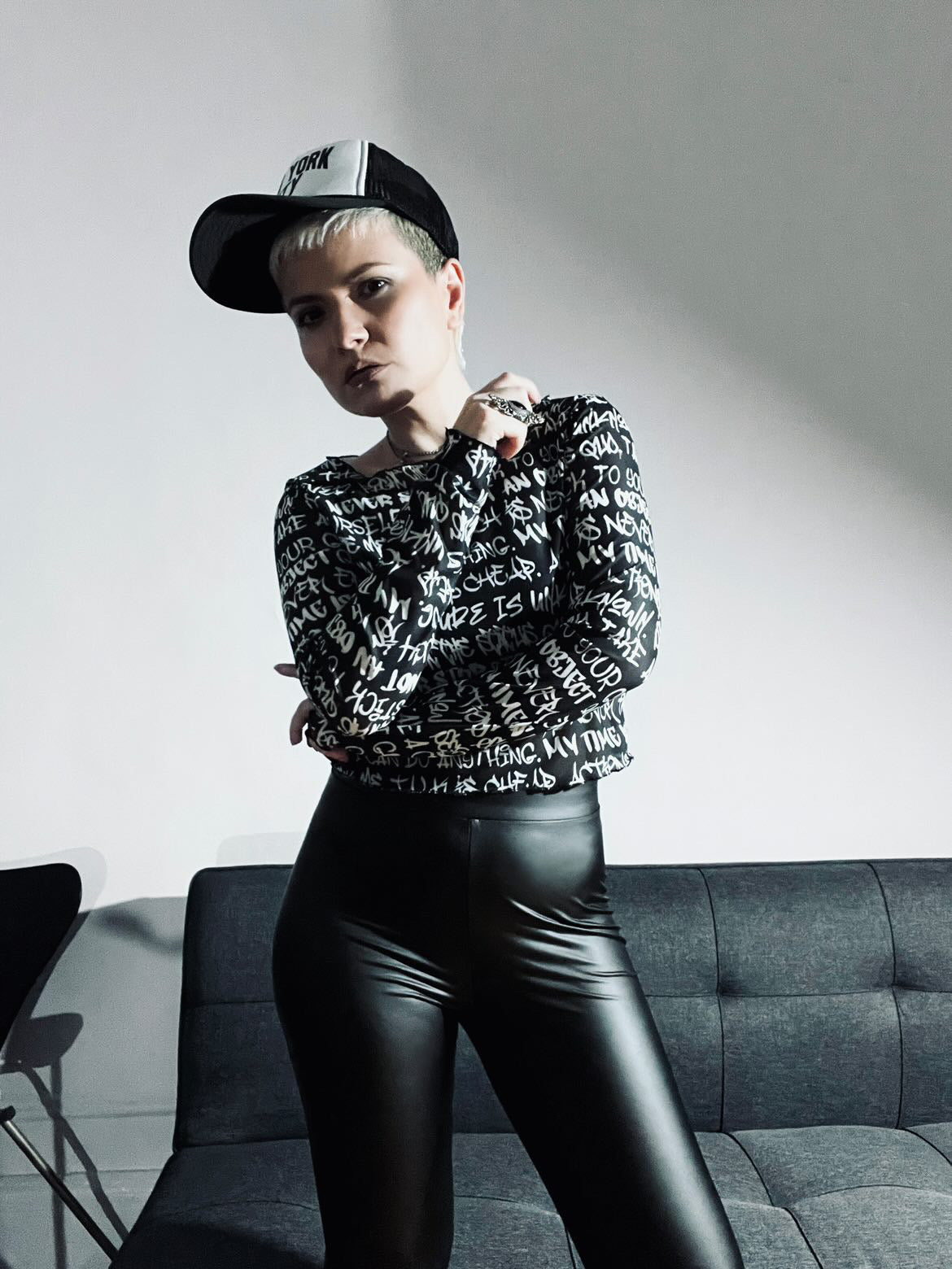 Graffiti Mesh Long Sleeve Crop Top, Black & White - Punk Majesty Streetwear