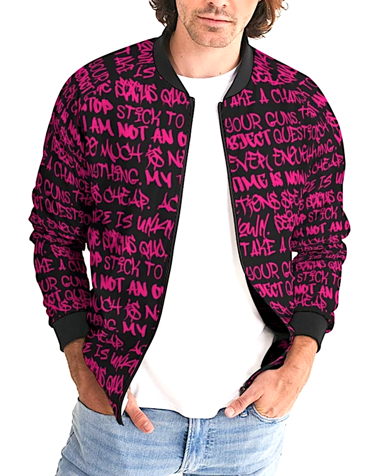 Mens Bomber Jacket, Black and Pink Graffiti