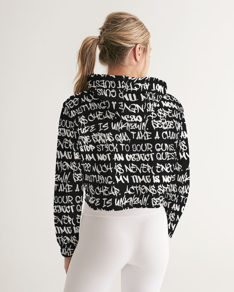 Women's Crop Hoodie, Black with White Graffiti