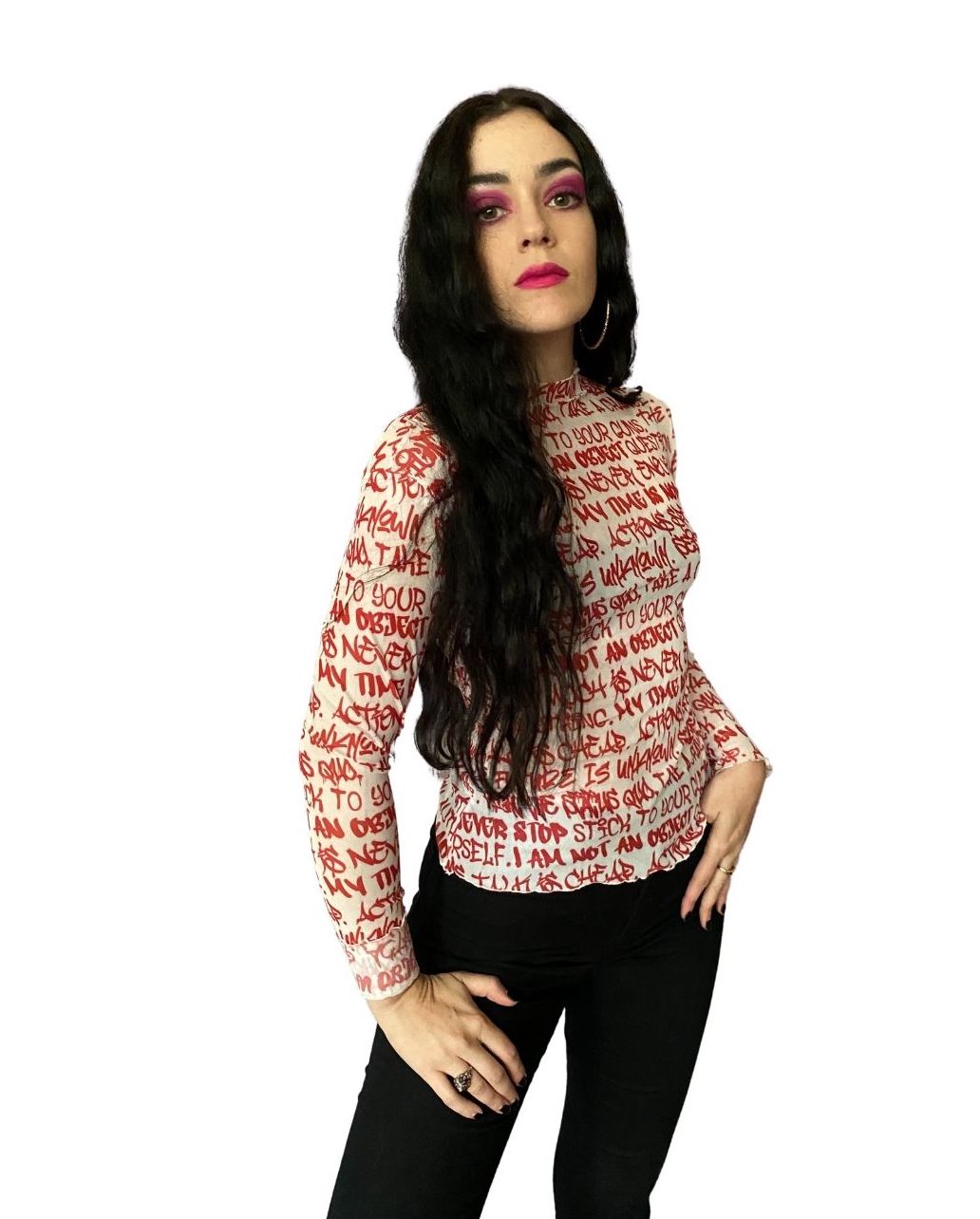White & Red Graffiti Mesh Top