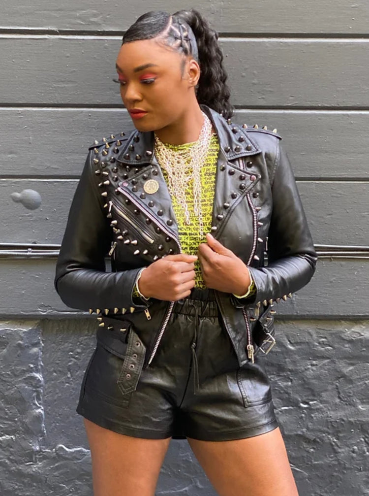 WOMENS LEATHER JACKET AND MESH GRAFFITI TOP