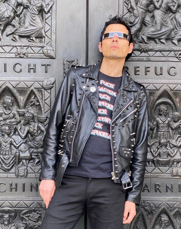 MENS LEATHER JACKET T-SHIRT AND SUNGLASSES, STUDDED LEATHER JACKET