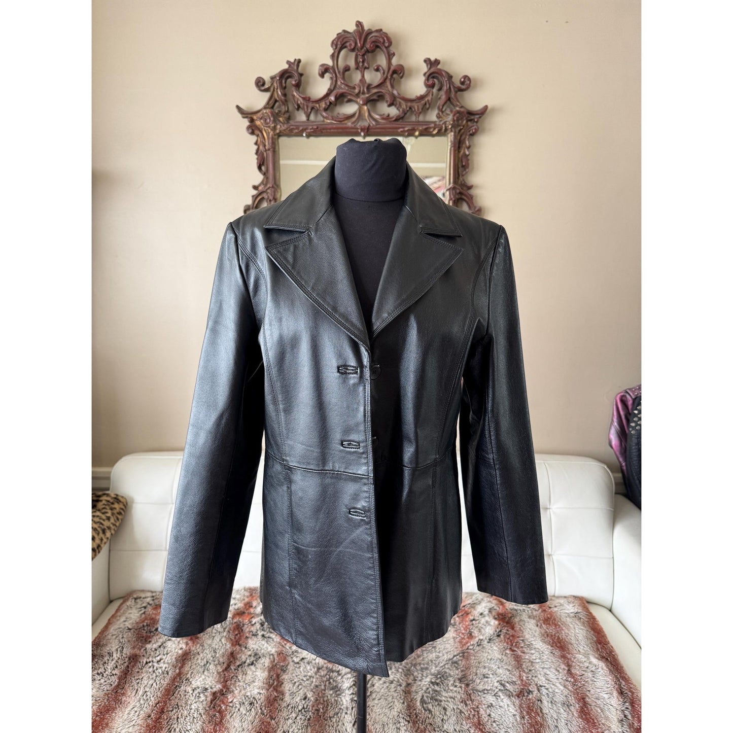 Black Leather Women's Trench, Size M