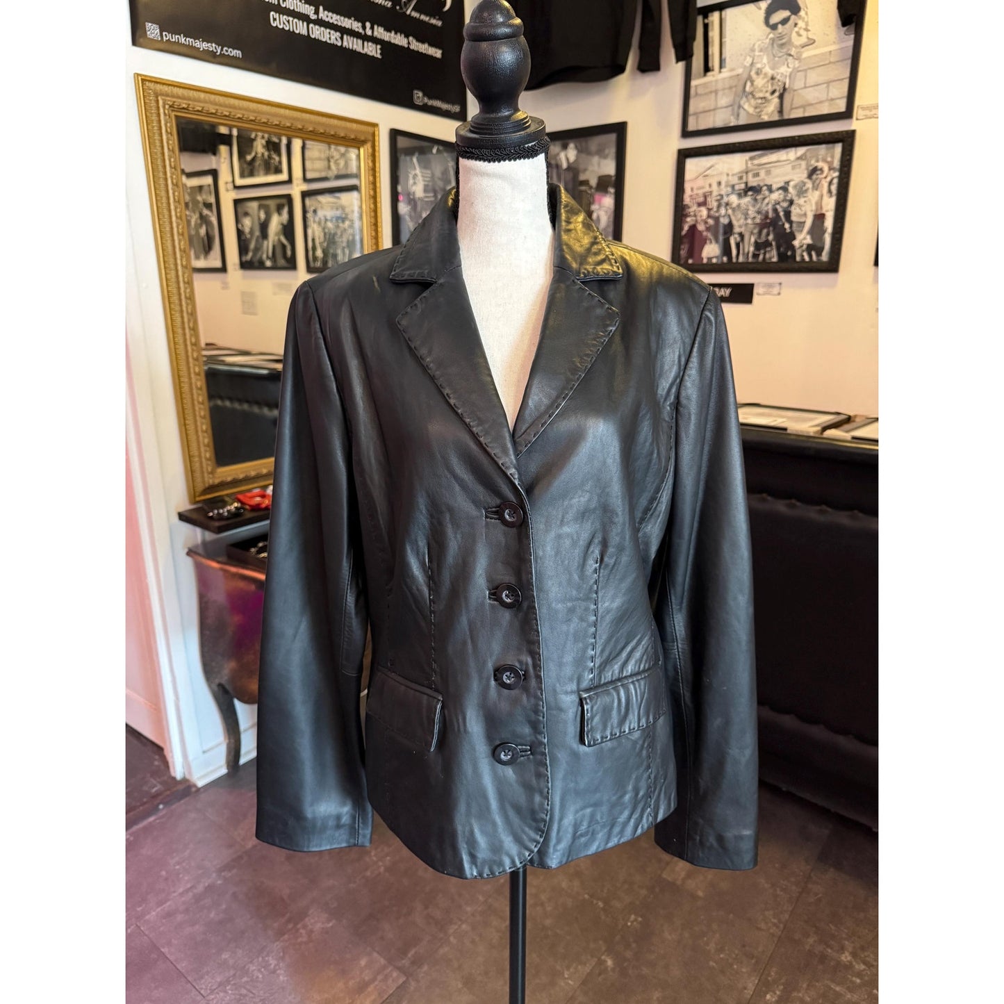 Black Leather Women's Blazer, Size L