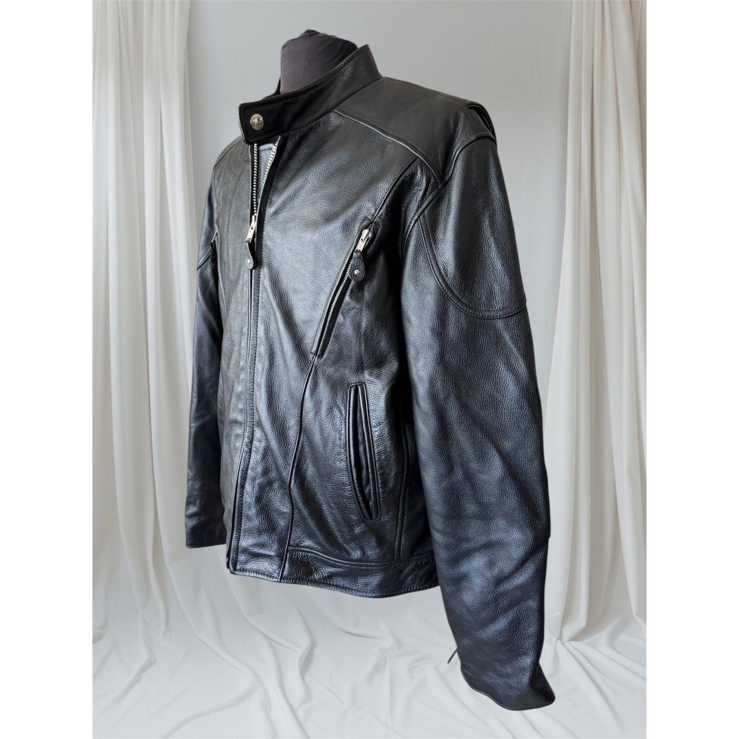 Men's Black Leather Motorcycle Jacket, XL