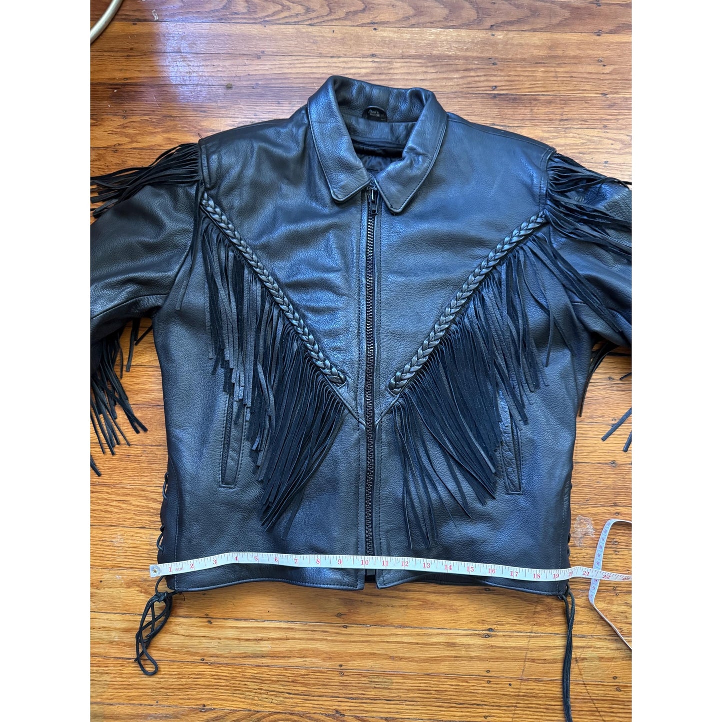 Black Leather Women's Fringe Mororcycle Jacket, Size XL