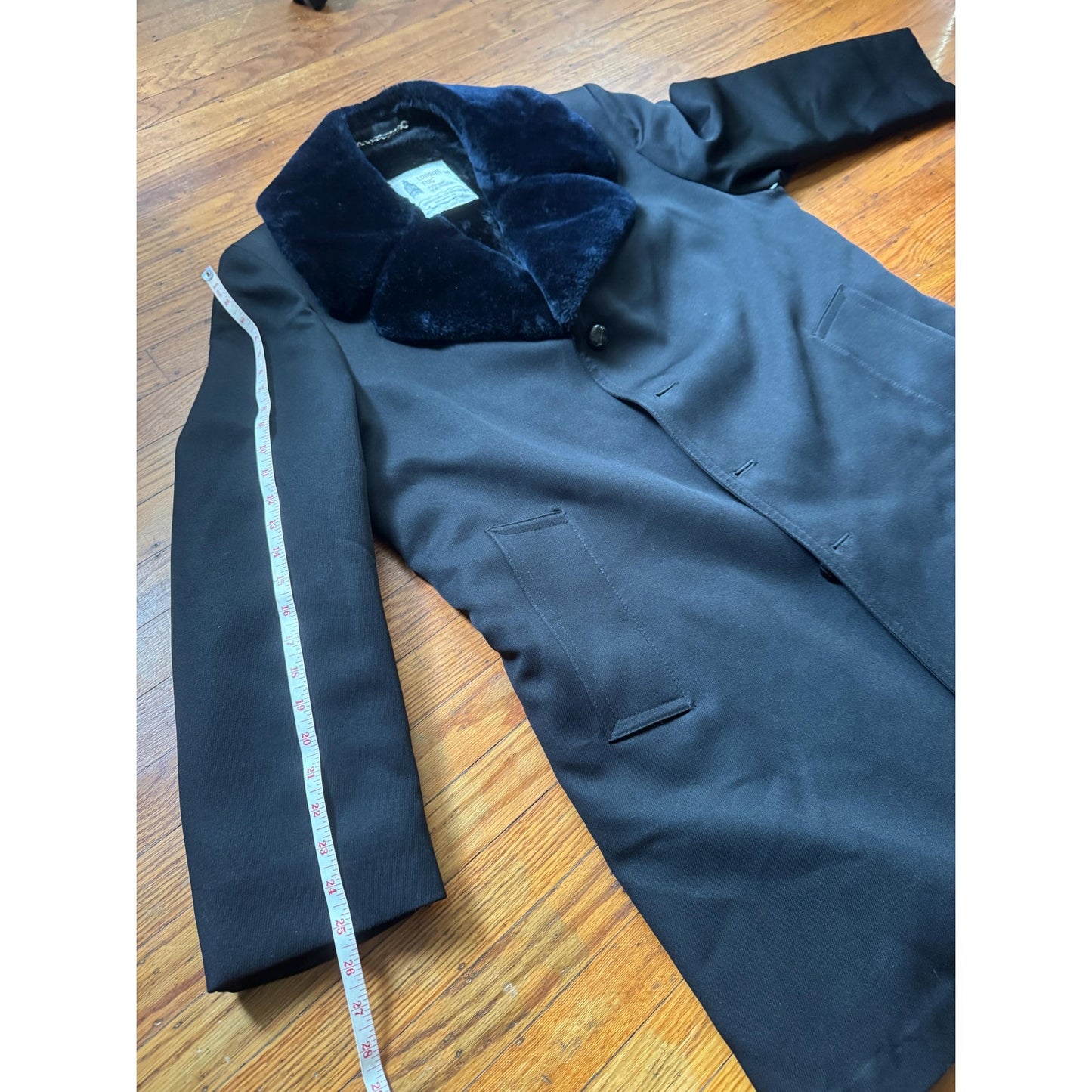 Men's Black London Fog Pea Coat/ Trench Coat with Faux Fur Collar, 42R/ Large