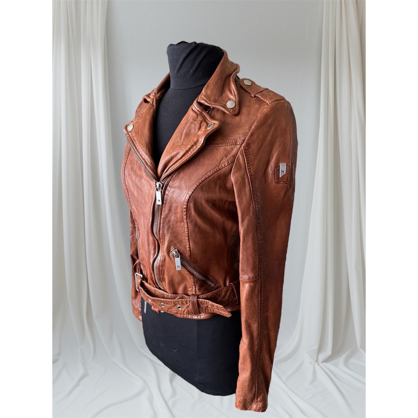 Women's Brown Leather Motorcycle Jacket, X-Small