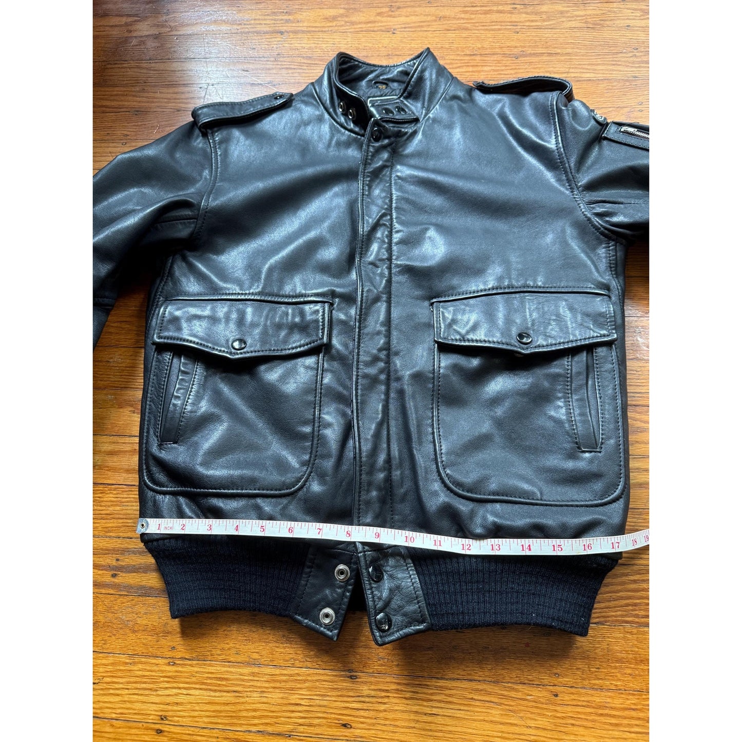 Men's Black Leather Bomber Jacket, Medium 38