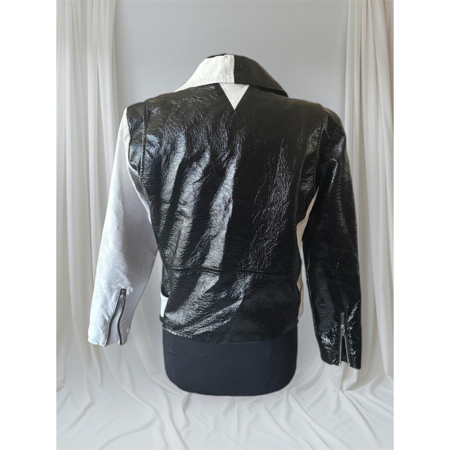Women's Black and White Faux Patent Leather Jacket, Large