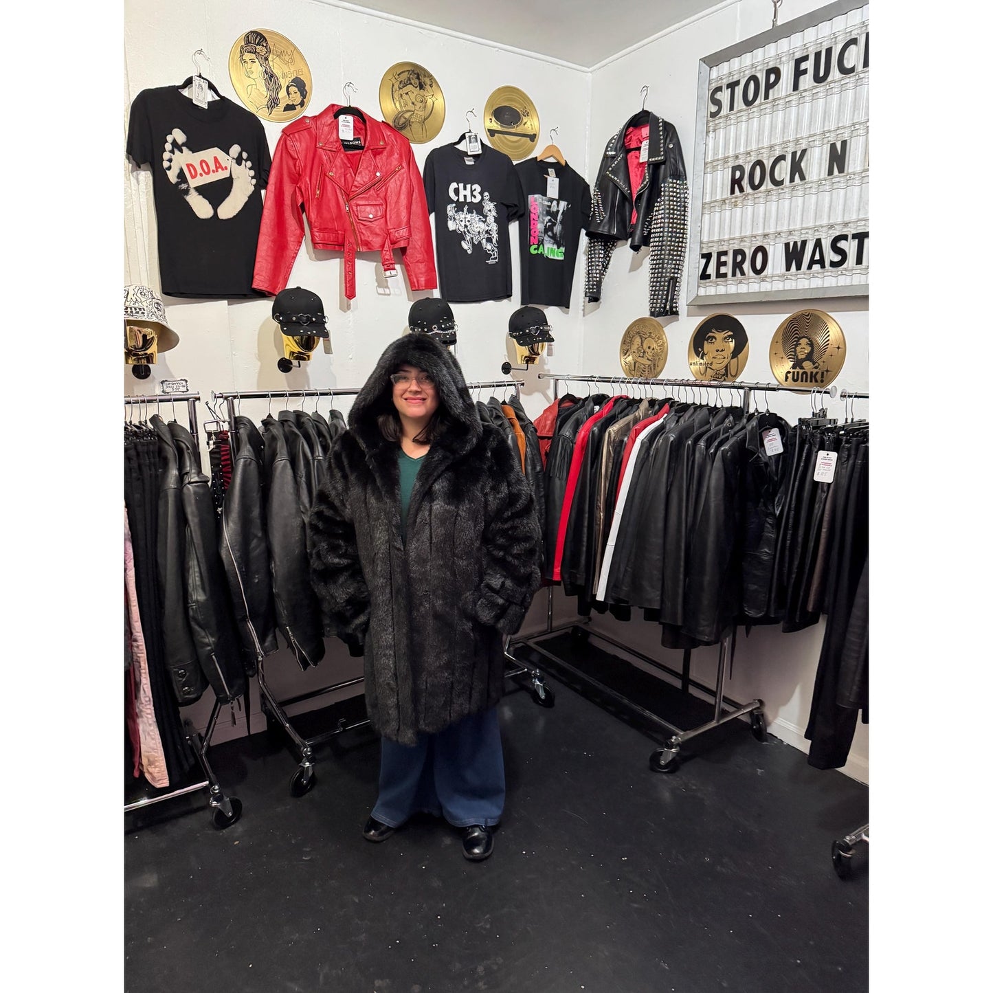 Women's Black Hooded Faux Fur Coat, Large, Dennis Basso
