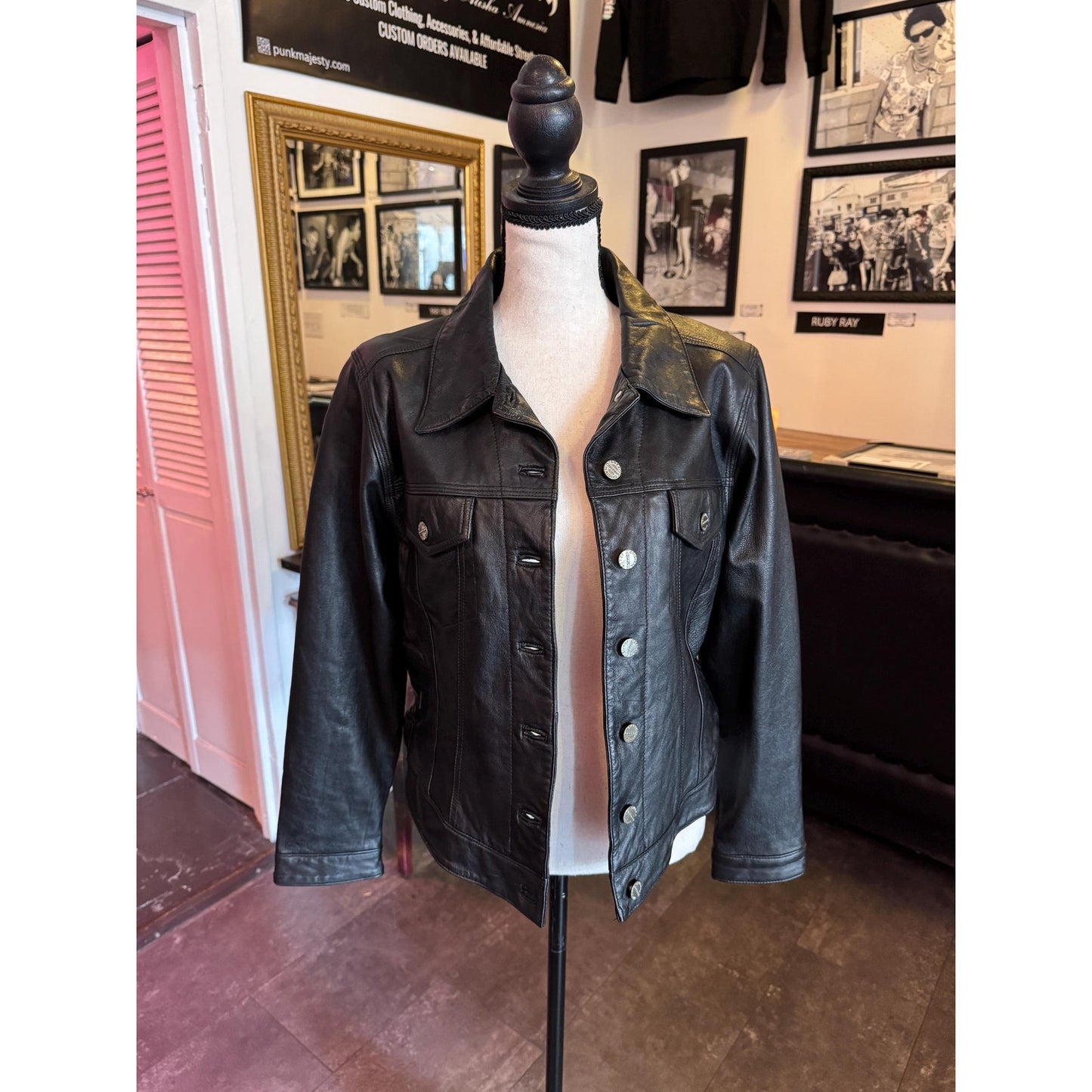 Women's Leather Trucker Style Jacket, Large