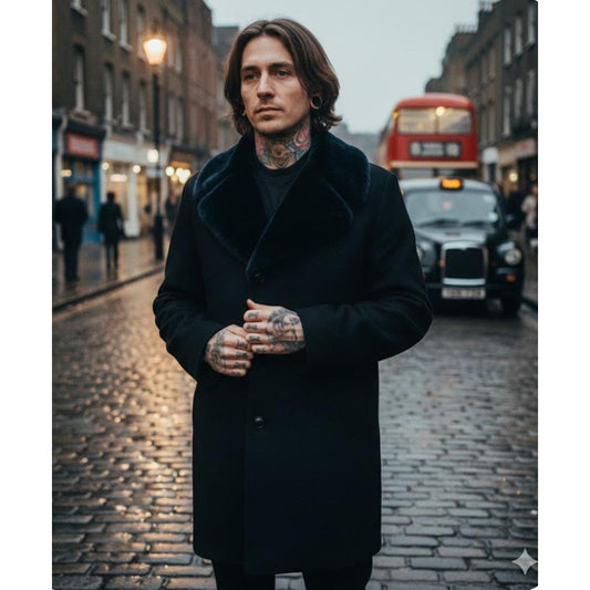 Men's Navy Pea Coat/ Trench Coat with Faux Fur Collar, 44R/ X-Large