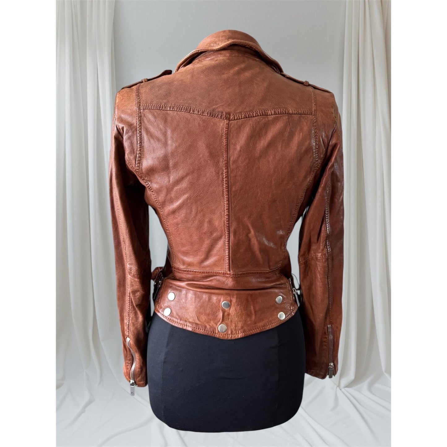 Women's Brown Leather Motorcycle Jacket, X-Small