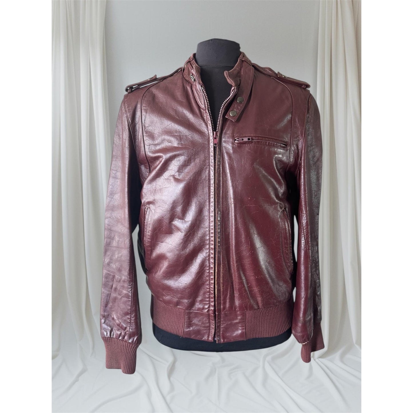 Men's Brownish Burgundy Vintage Leather Jacket, Large, 42