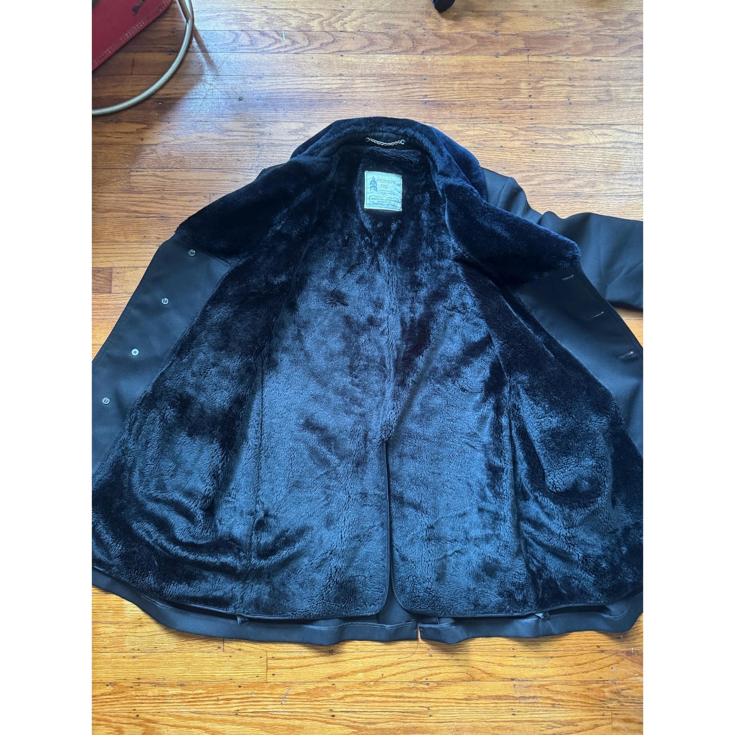 Men's Black London Fog Pea Coat/ Trench Coat with Faux Fur Collar, 42R/ Large