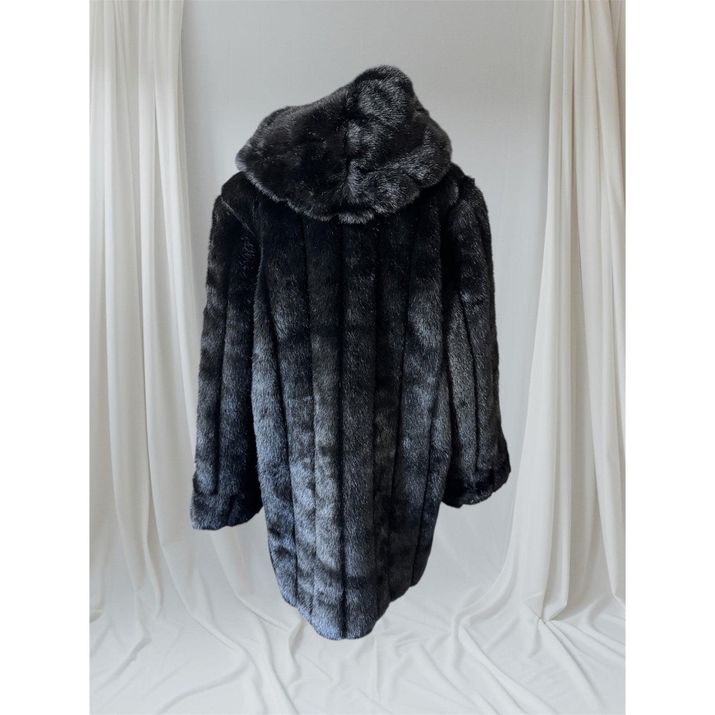 Women's Black Hooded Faux Fur Coat, Large, Dennis Basso
