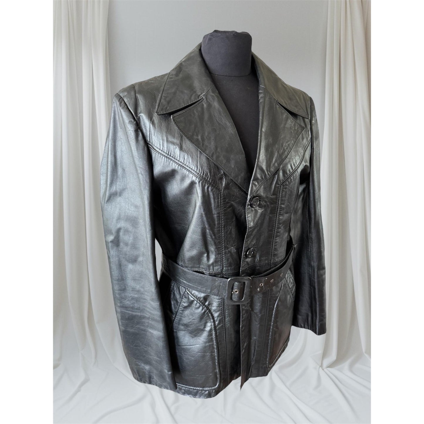Black Leather Vintage 1970's Women's Trench, Size M