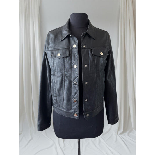 Women's Faux Leather Trucker Jacket, XS