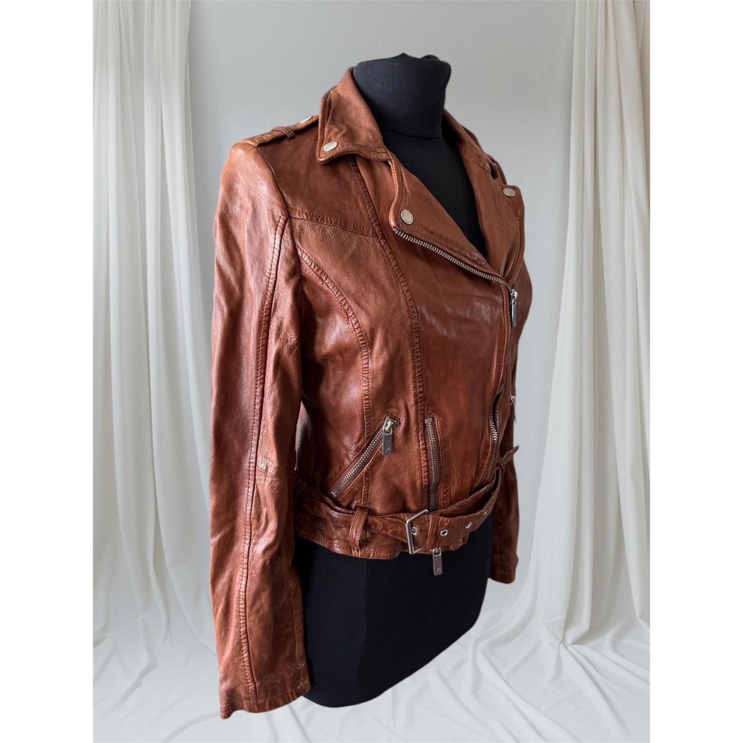 Women's Brown Leather Motorcycle Jacket, X-Small