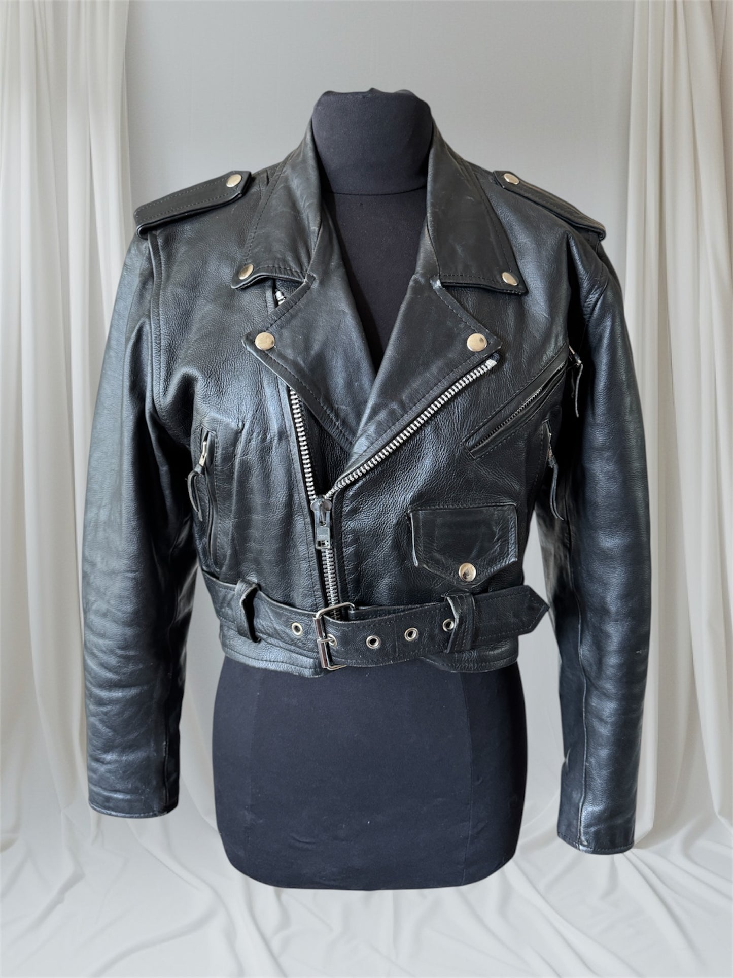 Women's Cropped Vintage Leather Motorcycle Jacket, Medium