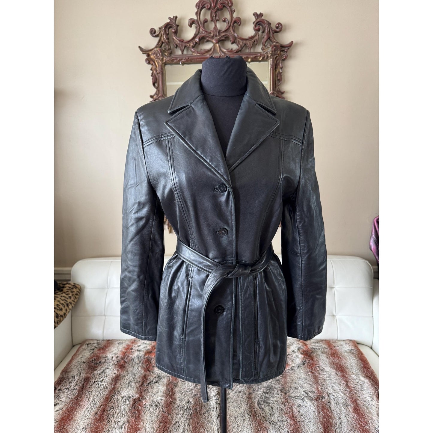 Black Leather Women's Trench, M