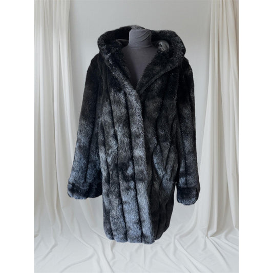 Women's Black Hooded Faux Fur Coat, Large, Dennis Basso
