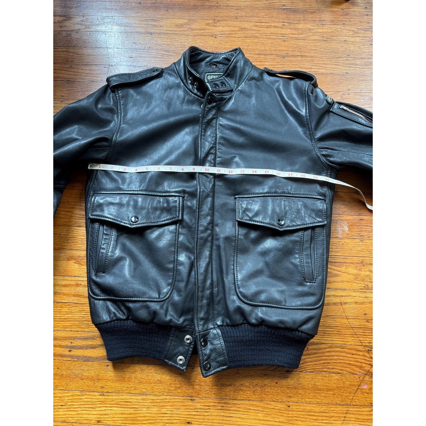 Men's Black Leather Bomber Jacket, Medium 38