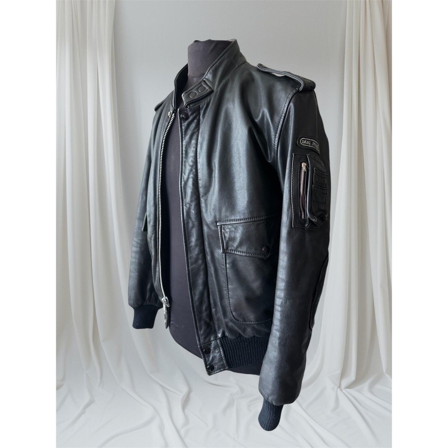 Men's Black Leather Bomber Jacket, Medium 38