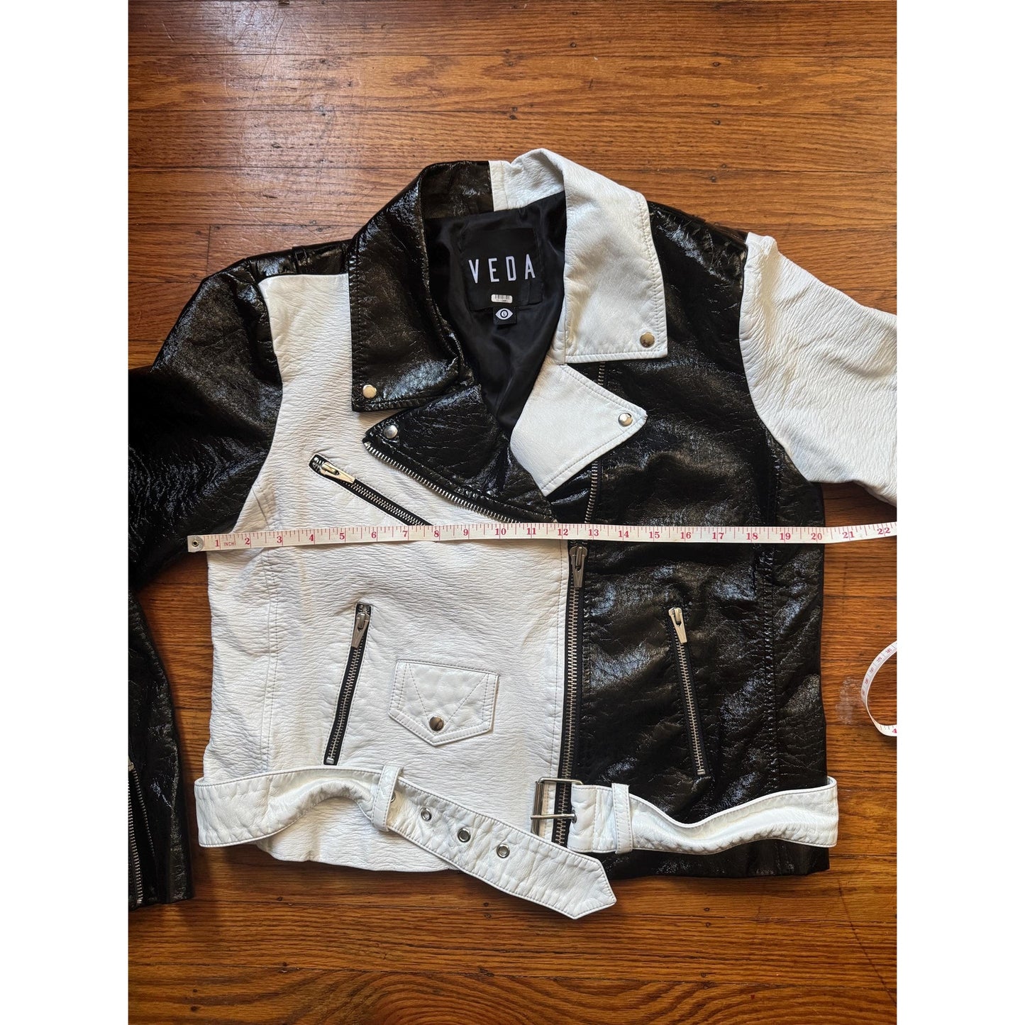 Women's Black and White Faux Patent Leather Jacket, Large