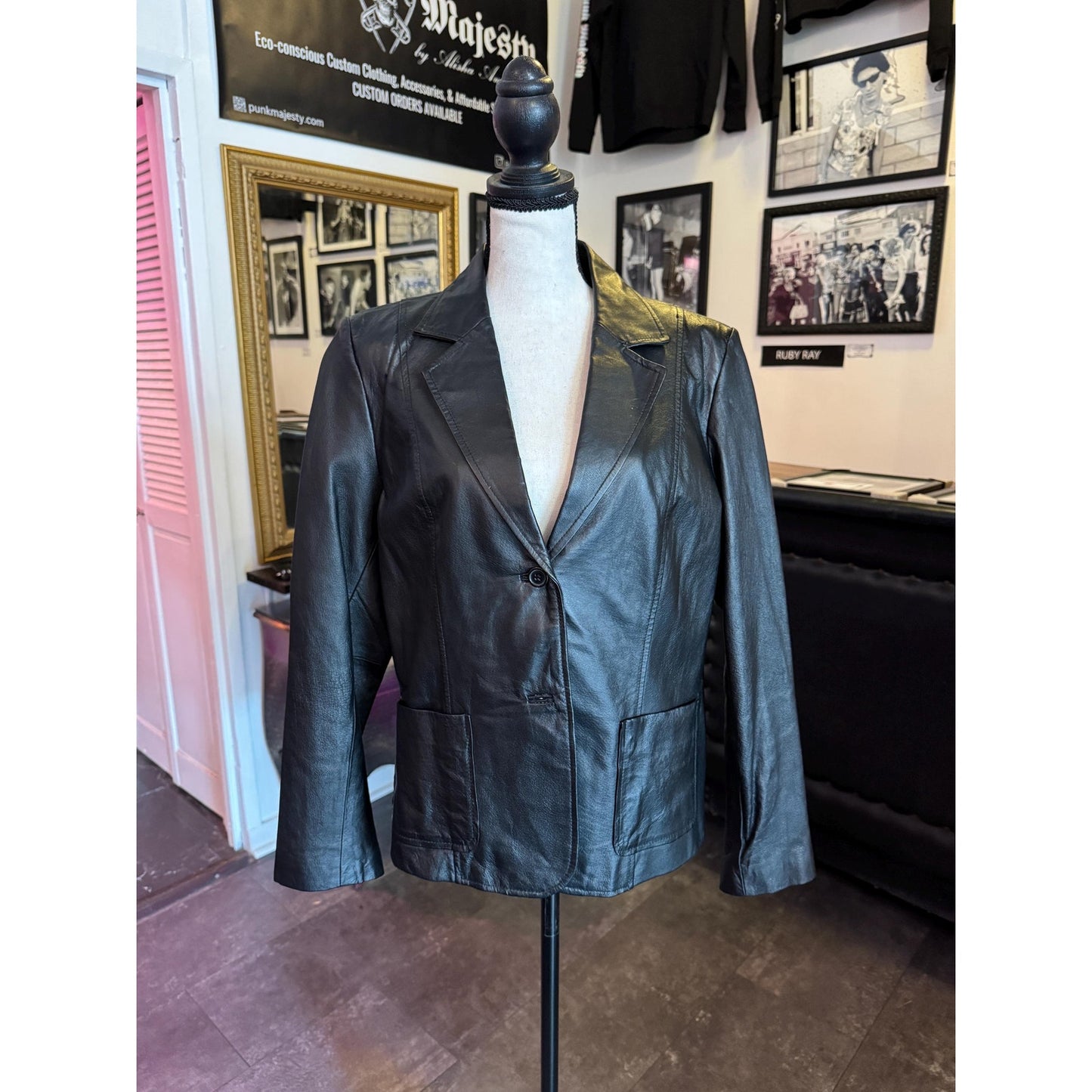 Black Leather Women's Blazer, M