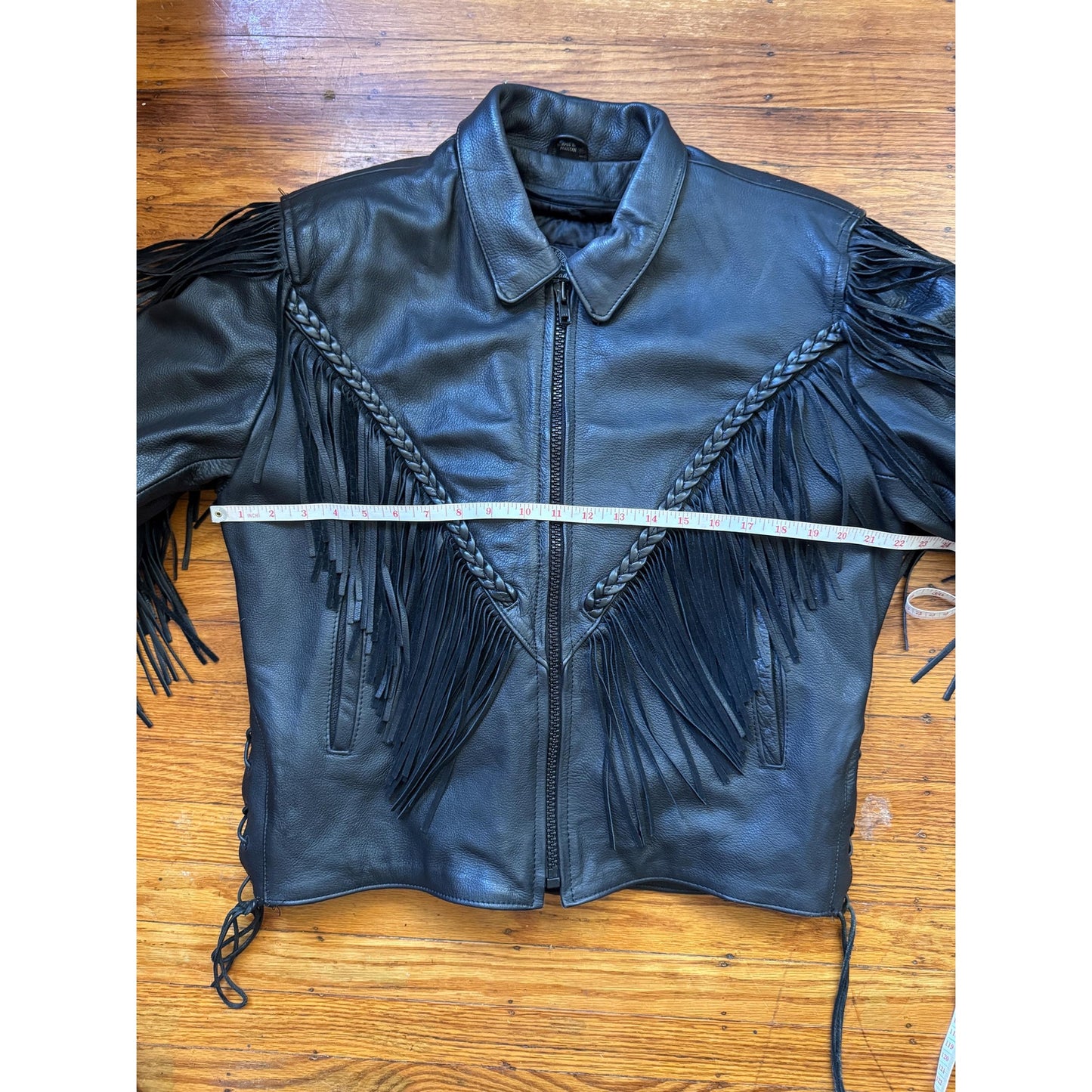 Black Leather Women's Fringe Mororcycle Jacket, Size XL