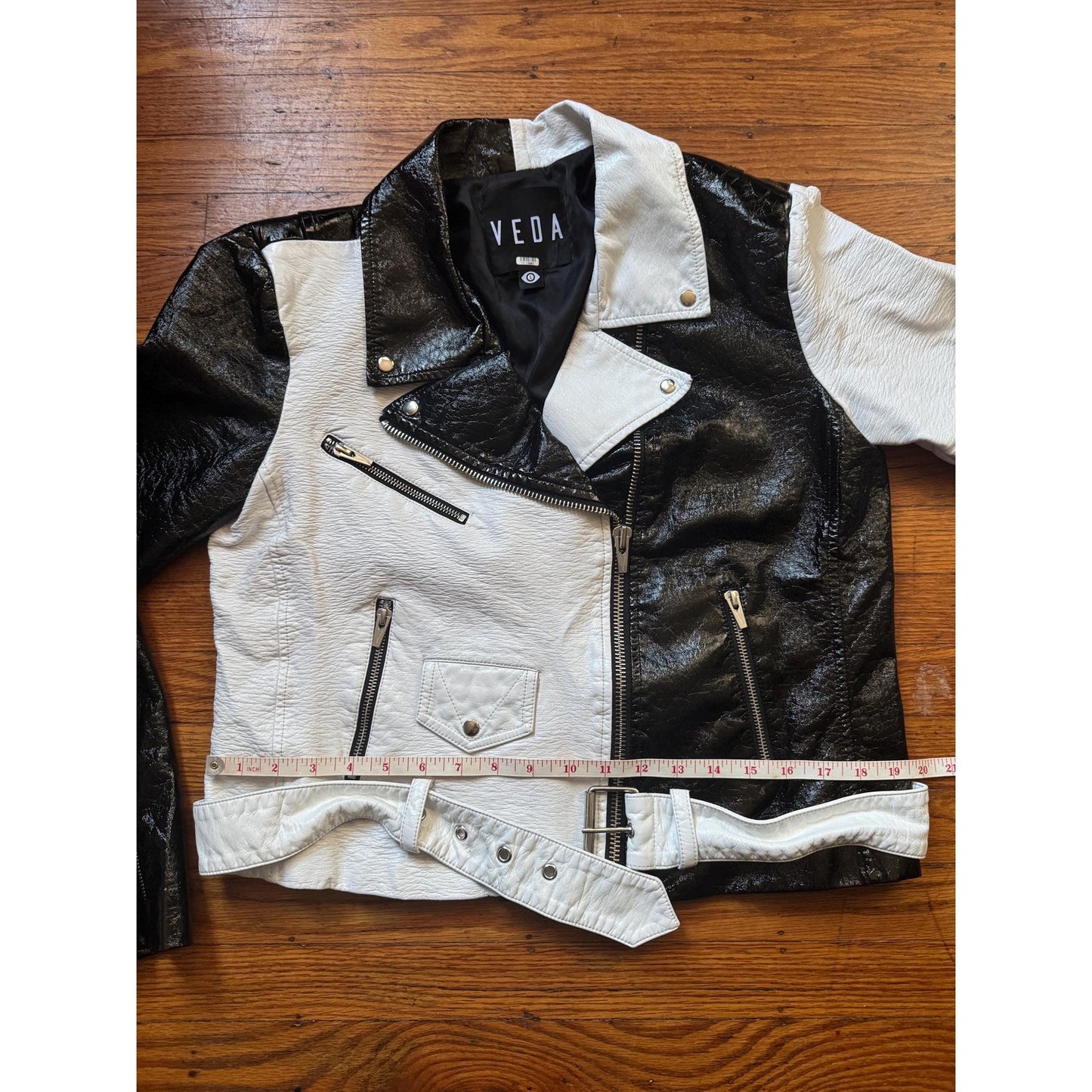 Women's Black and White Faux Patent Leather Jacket, Large