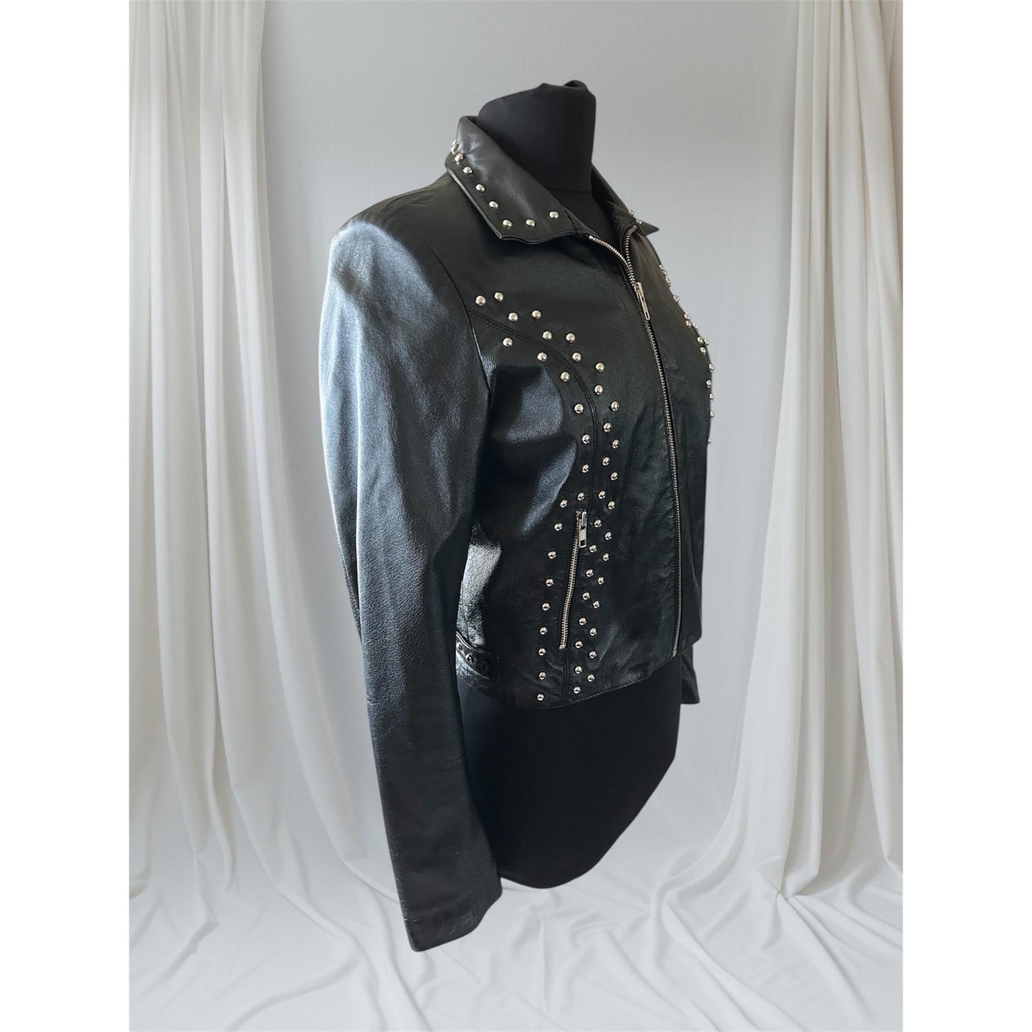 Women's Studded Leather Motorcycle Jacket, M