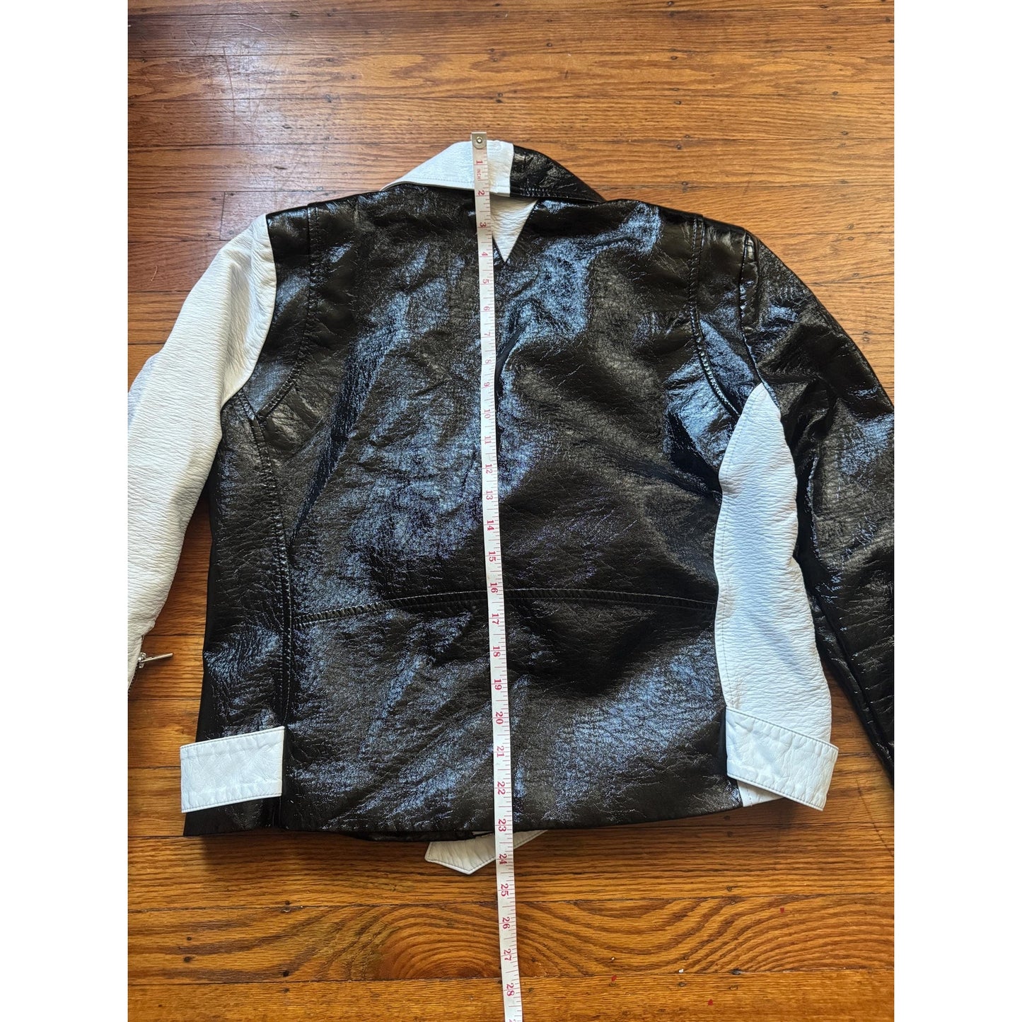 Women's Black and White Faux Patent Leather Jacket, Large