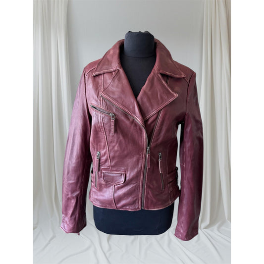 Women's Burgundy Leather Motorcycle Jacket, Small