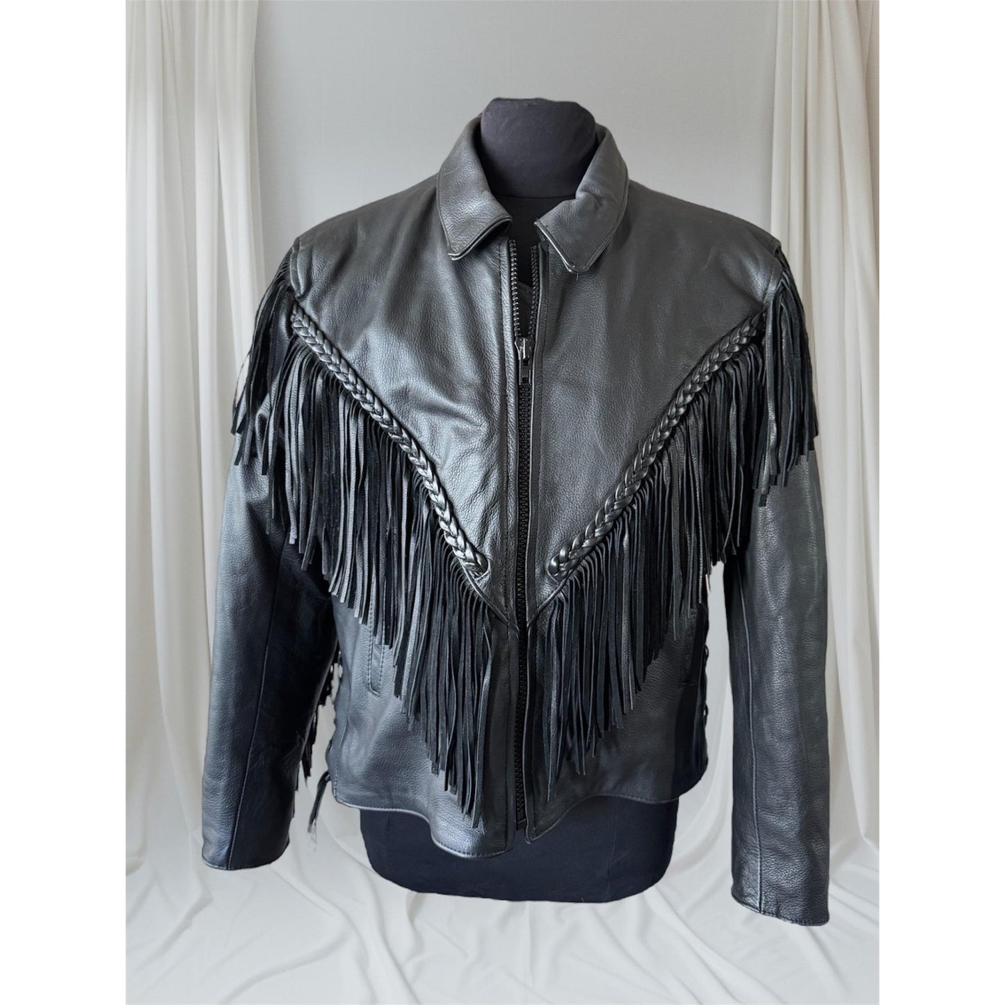 Black Leather Women's Fringe Mororcycle Jacket, Size XL