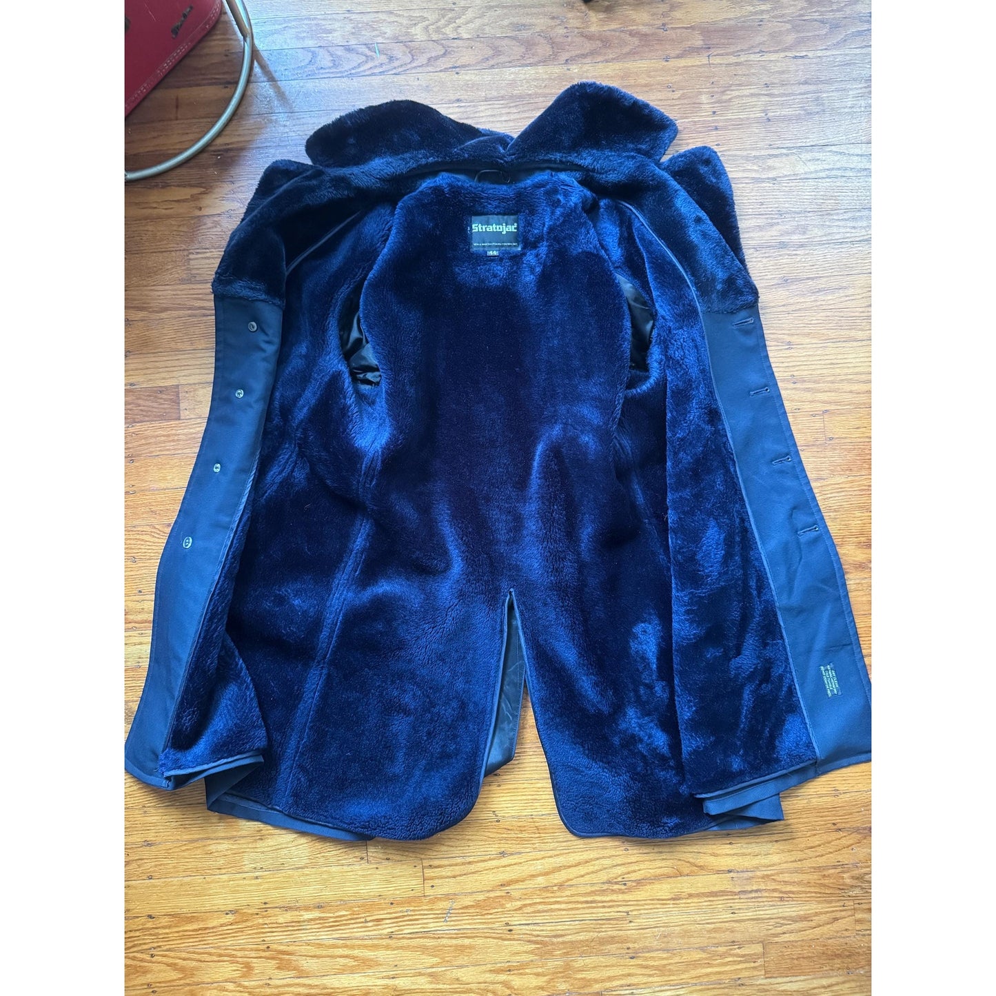 Men's Navy Pea Coat/ Trench Coat with Faux Fur Collar, 44R/ X-Large
