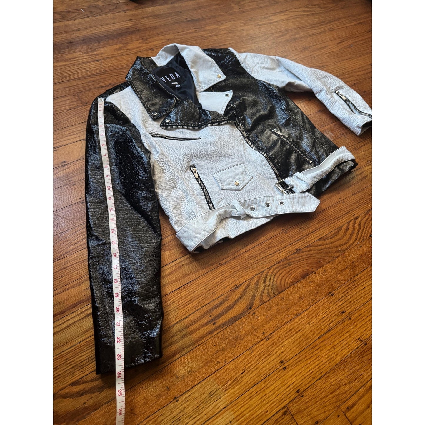 Women's Black and White Faux Patent Leather Jacket, Large