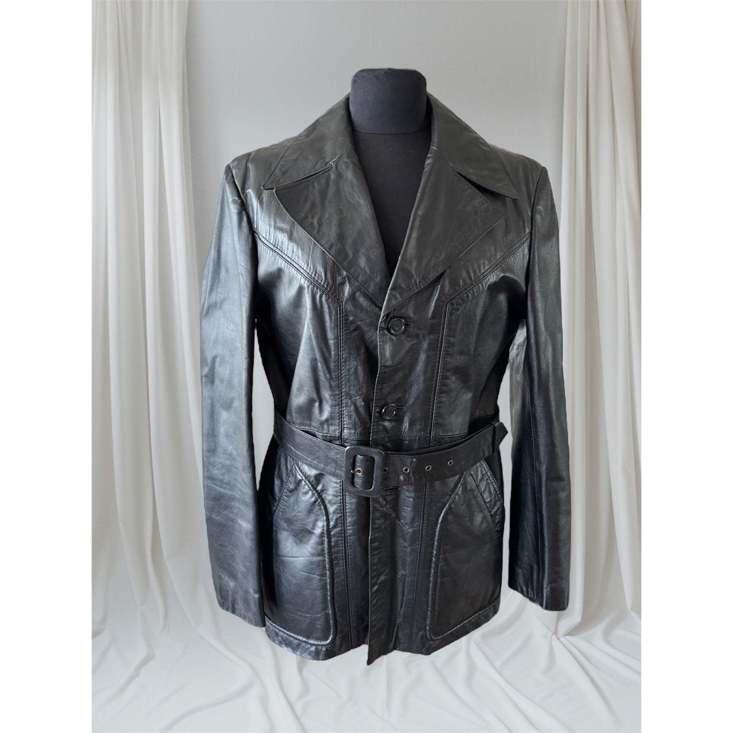 Black Leather Vintage 1970's Women's Trench, Size M