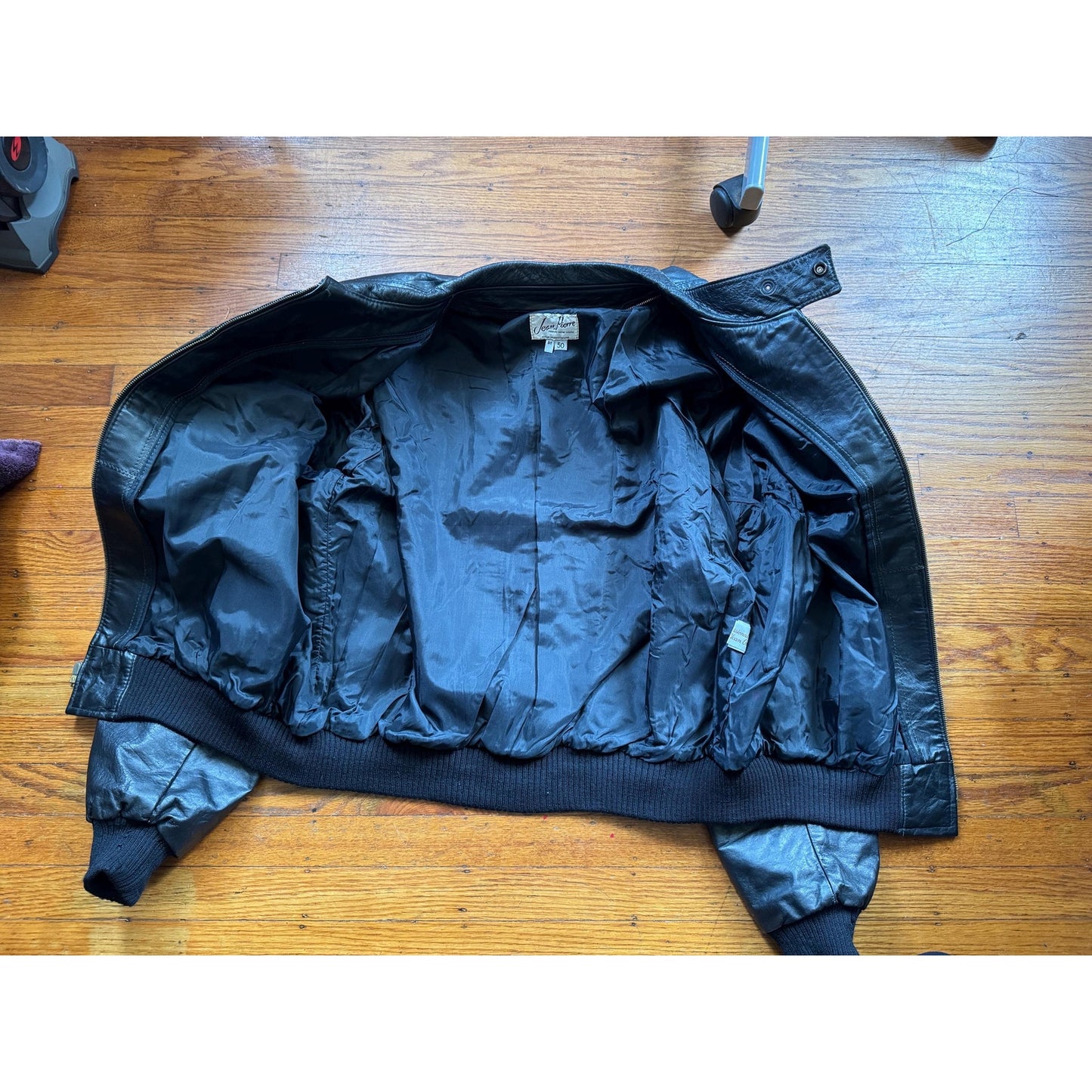 Vintage Men's Black Leather Bomber Jacket, Large, 50
