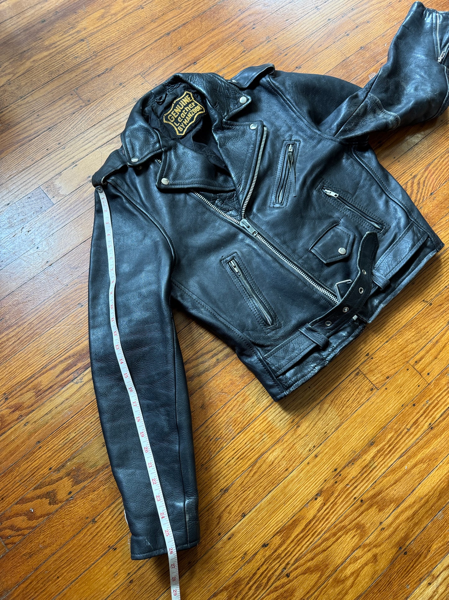 Men's Vintage Black Leather Motorcycle Jacket, 38, M