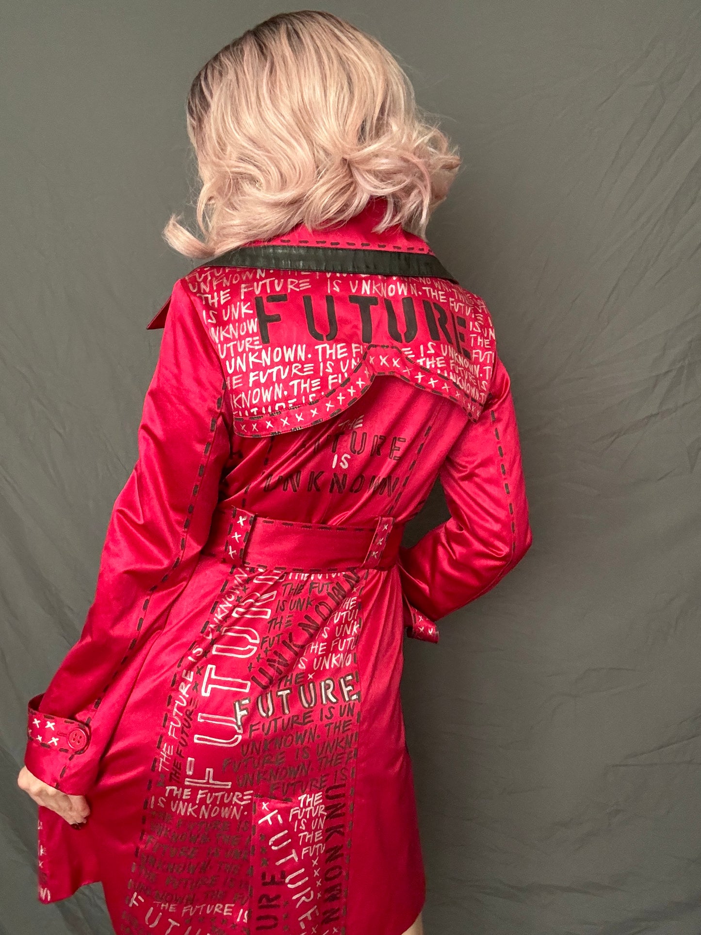 womens red upcycled punk trench coat