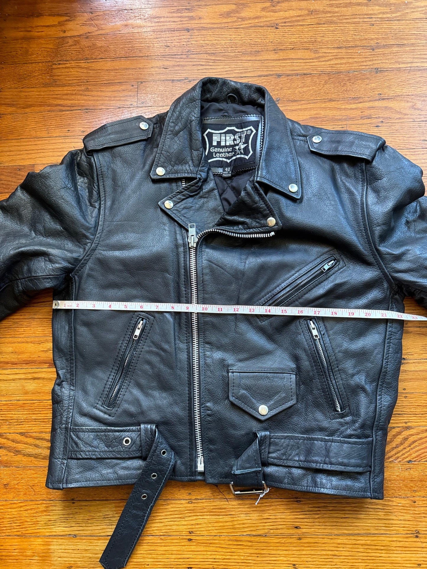 Men's Vintage Black Leather Motorcycle Jacket, 42, L