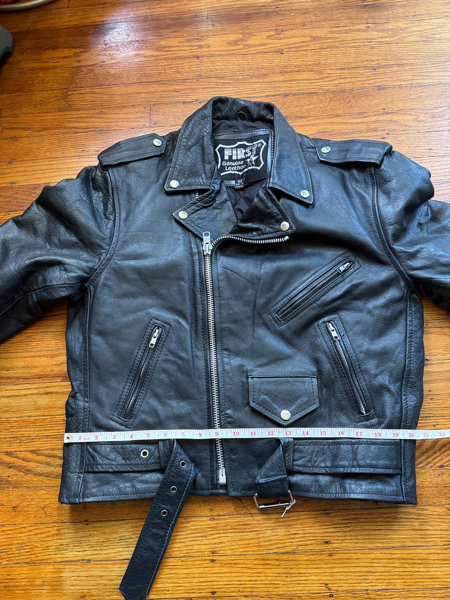 Men's Vintage Black Leather Motorcycle Jacket, 42, L
