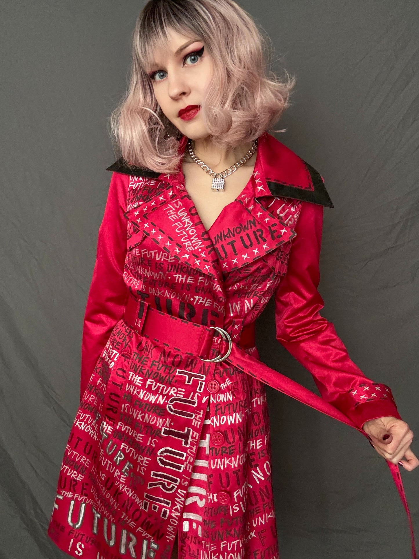 womens red upcycled punk trench coat