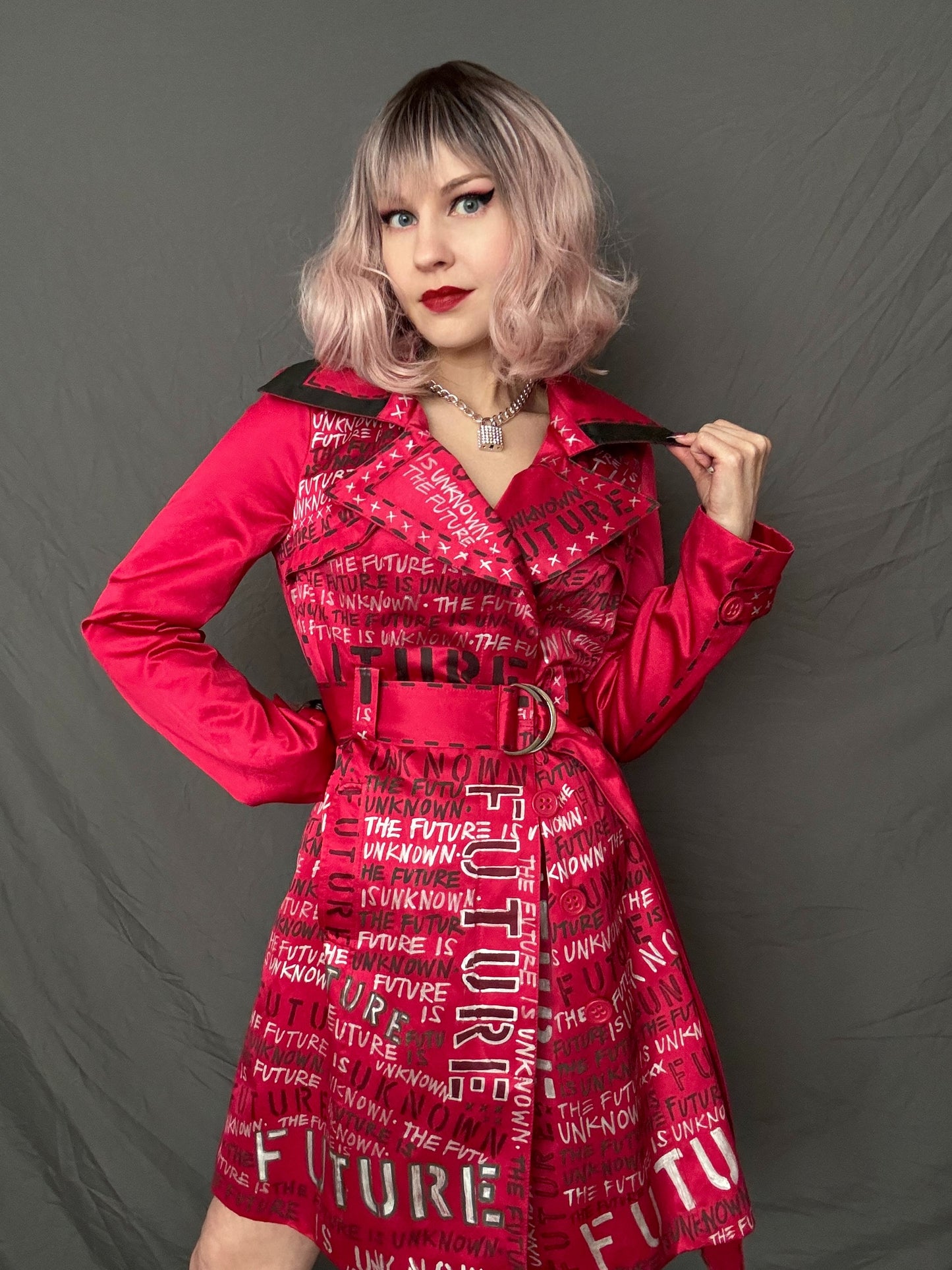 womens red upcycled punk trench coat